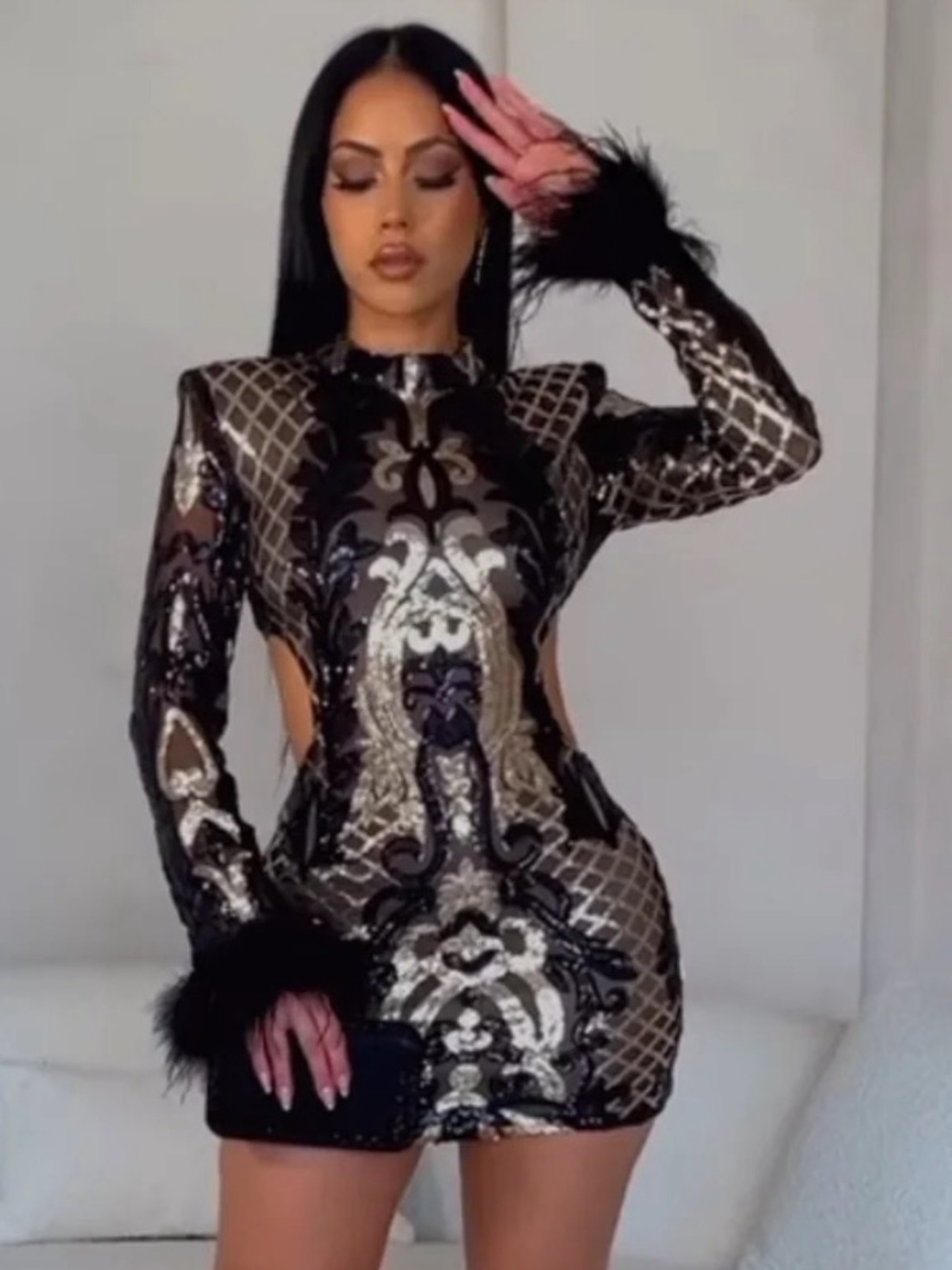 Black and Gold Sequin Mini Dress with Feather Cuffs